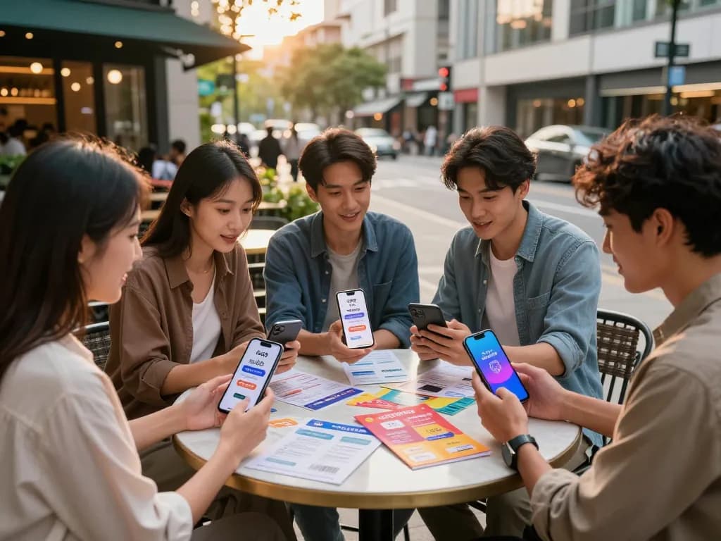 Youthful group exploring Go 99 mobile data plans at an urban café.