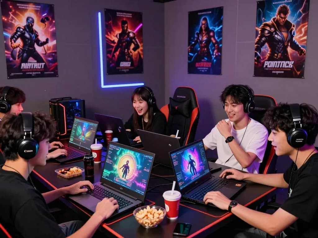 Engaged young adults playing mind control porn games in a vibrant gaming room.