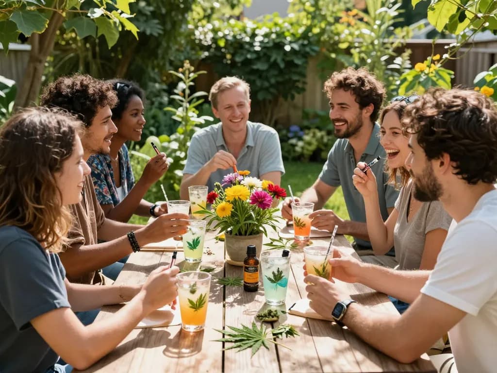 Thc vapes italia presentati in un vivace raduno in giardino con amici che utilizzano bevande infuse con CBD e penne per vape in un contesto di benessere naturale.