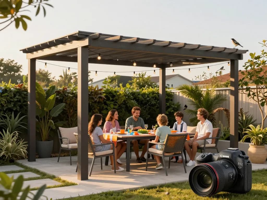 Custom 3D configuratore 3D per pergole enhancing outdoor living area with family enjoying sunny patio.
