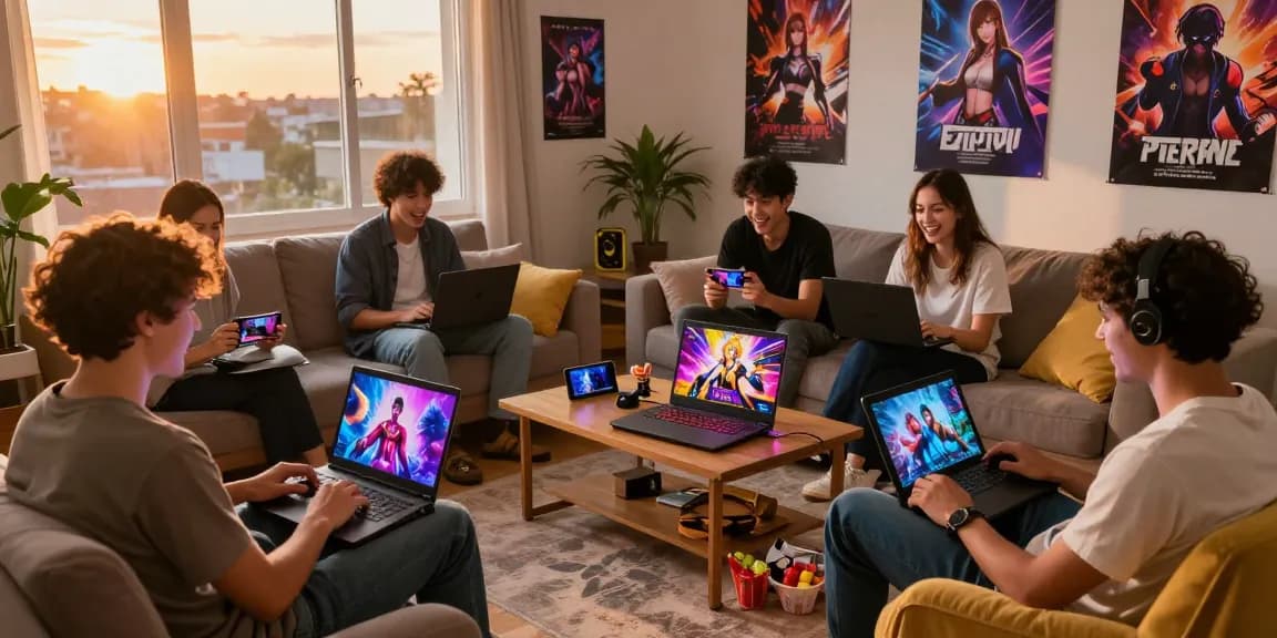 Engaged players enjoying a hentai game in a lively gaming room.