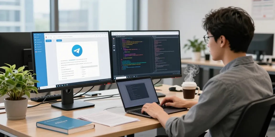 Seamless tech environment highlighting Telegram Chinese interface setup with dual monitors and coding atmosphere.