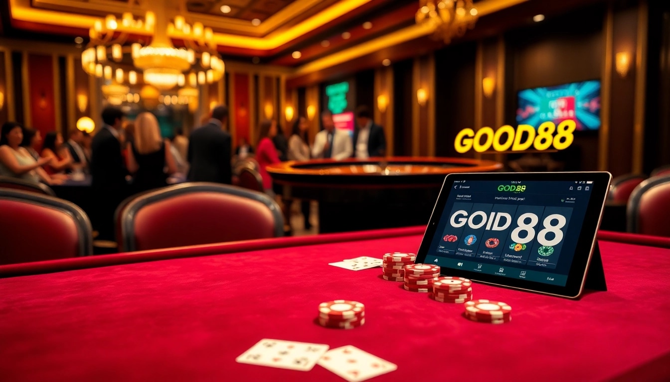 Players enjoying a thrilling game at a GOOD88 casino table, filled with vibrant poker chips.