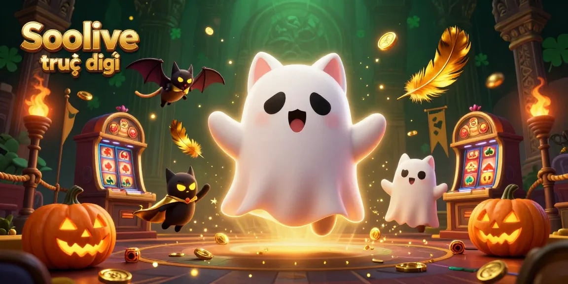 Experience Socolive trực tiếp with vibrant 3D ghost cat gaming amidst an enchanted casino.