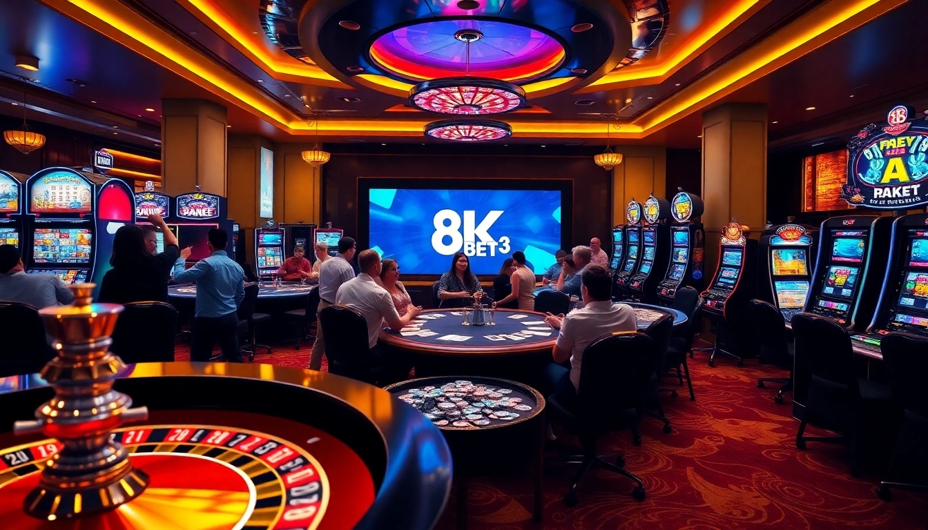 Gambling excitement at https://8kbet3.com/ with players at vibrant casino tables.
