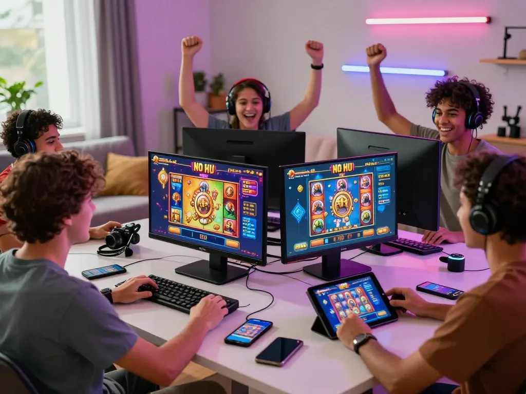 Players immersed in No Hu gaming experience, celebrating wins in a lively and colorful online gaming environment.