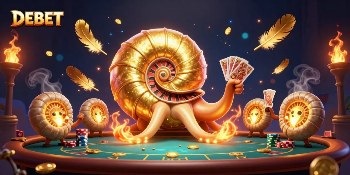 Experience exciting DEBET poker action with a giant nautilus facing vibrant casino elements.