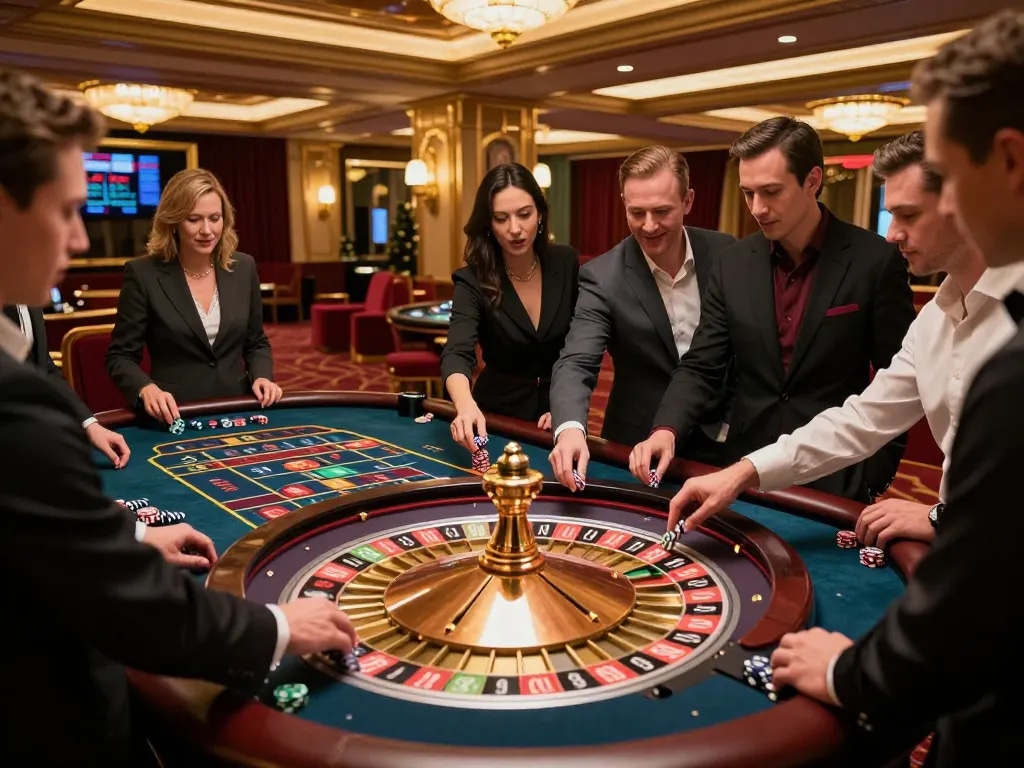 Players betting on a roulette game at F8BET, highlighting excitement and vibrant casino atmosphere.