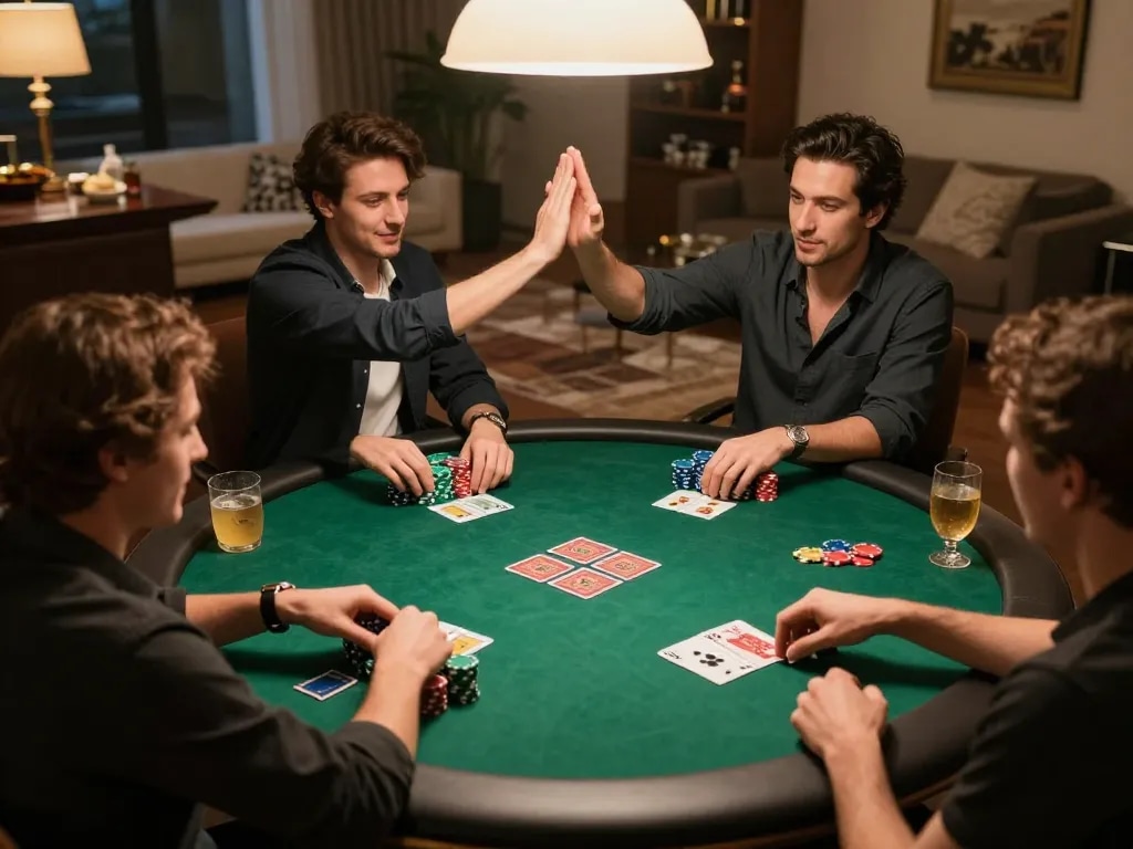 Players strategizing in an exciting poker game at home, showcasing the thrill of gambling at https://da88.navy/ with vibrant chips and cards.
