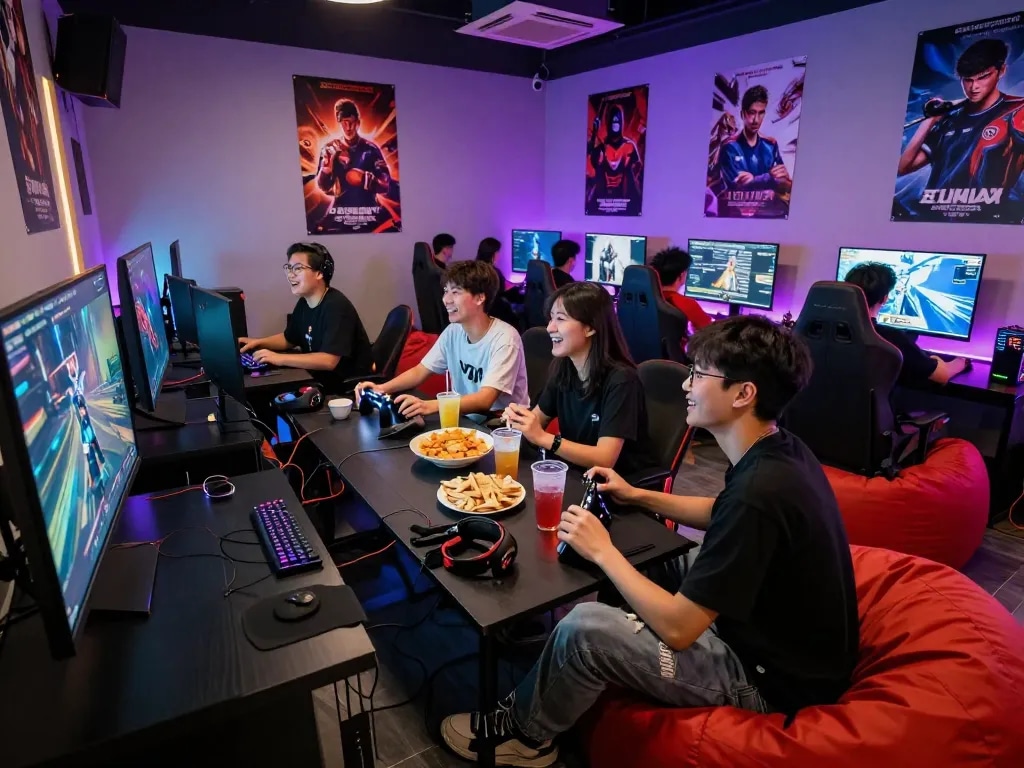 Exciting online gaming moment at https://rikviprent.com with friends enjoying multiplayer games in a vibrant lounge.