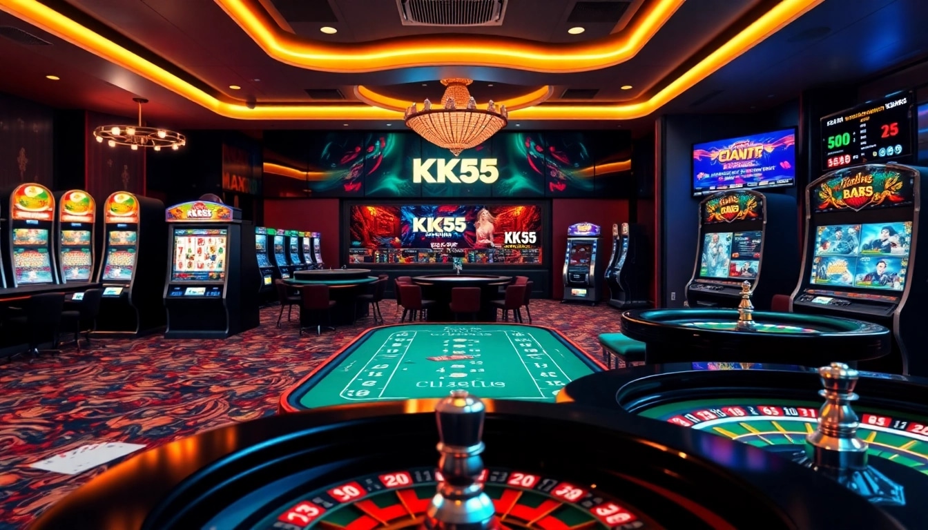 KK55 gaming interface with vibrant slot machines and poker tables, showcasing a luxurious casino experience.