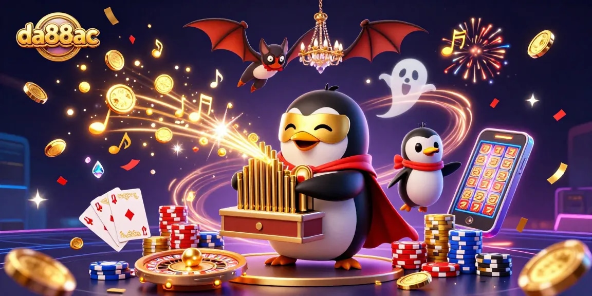 Play and win with da88ac in this vibrant 3D casino scene featuring golden coins and exciting game elements.