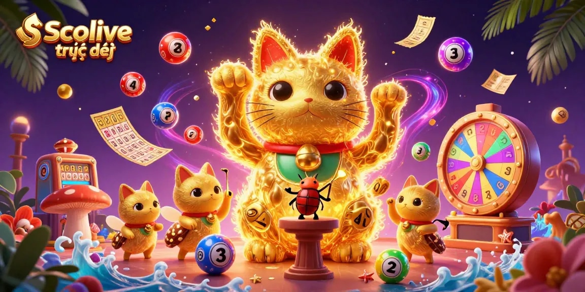 Socolive trực tiếp showcasing a vibrant, engaging 3D illustration of a golden lucky cat, enriched by lottery elements that captivate betting enthusiasts.