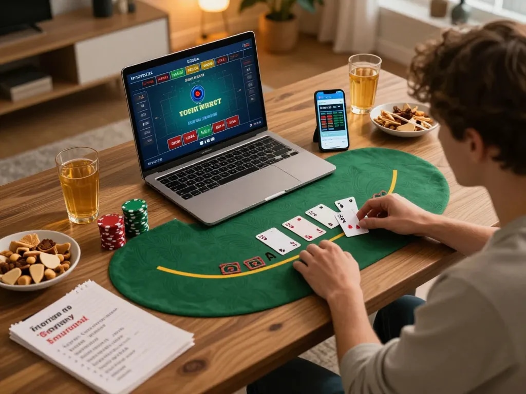 Player engaging with nn88 online casino, enjoying live blackjack at a cozy home workspace