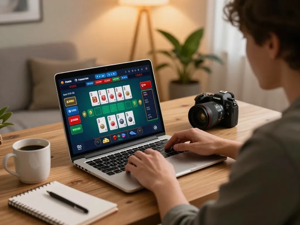 Tg88.com user engaging in online casino game with laptop and strategies notebook in a cozy home office.