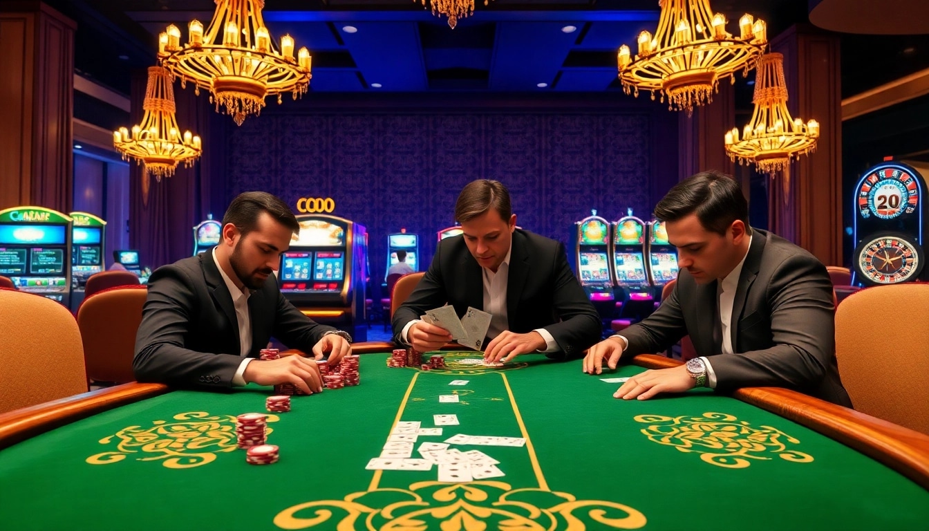 Players strategizing at a poker table in a luxurious casino atmosphere at mmoo com.