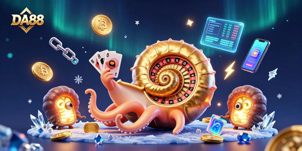 Engage with DA88's thrilling casino experience showcasing a giant nautilus roulette wheel.
