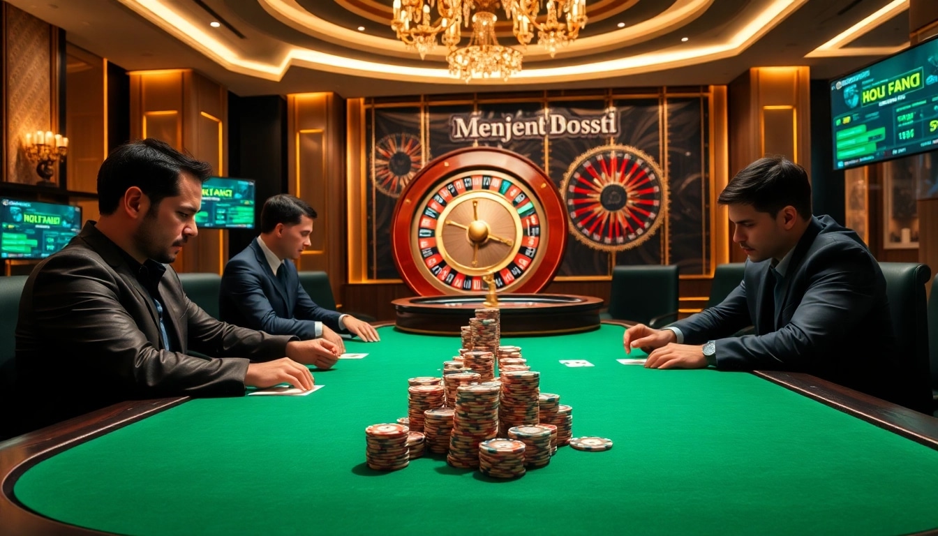 Watch players engage in a thrilling poker game at https://sky88.tel/ with vibrant casino elements.