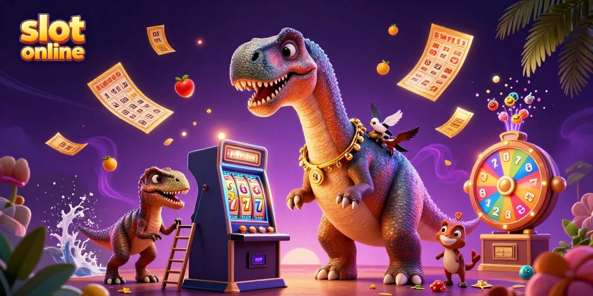 Engage with slot online excitement featuring a massive dinosaur, colorful slot elements, and dynamic interactions.