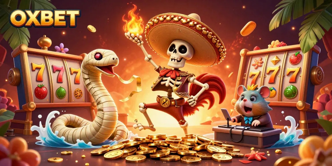 Experience the excitement of OXBET with festive characters celebrating on golden coins amidst vibrant casino elements.