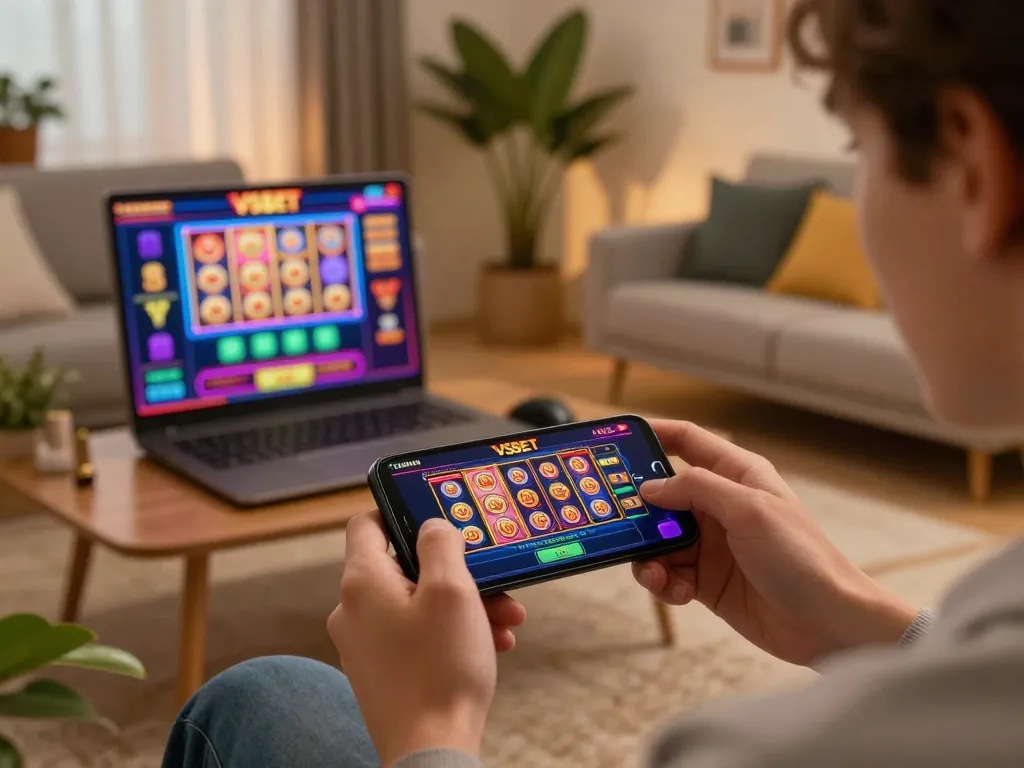 Person enjoying VSBET mobile gaming in a cozy living room with vibrant app graphics visible