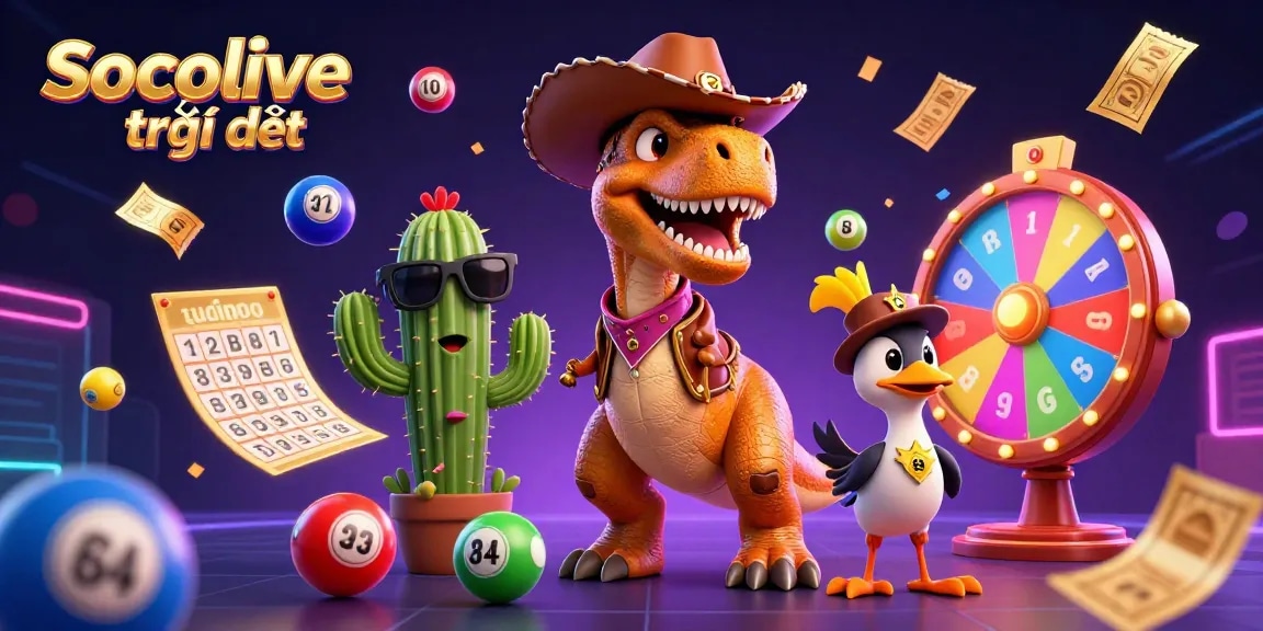 Socolive trực tiếp showcases vibrant lottery elements in a dynamic gaming scene with a cartoon T-Rex and friends.