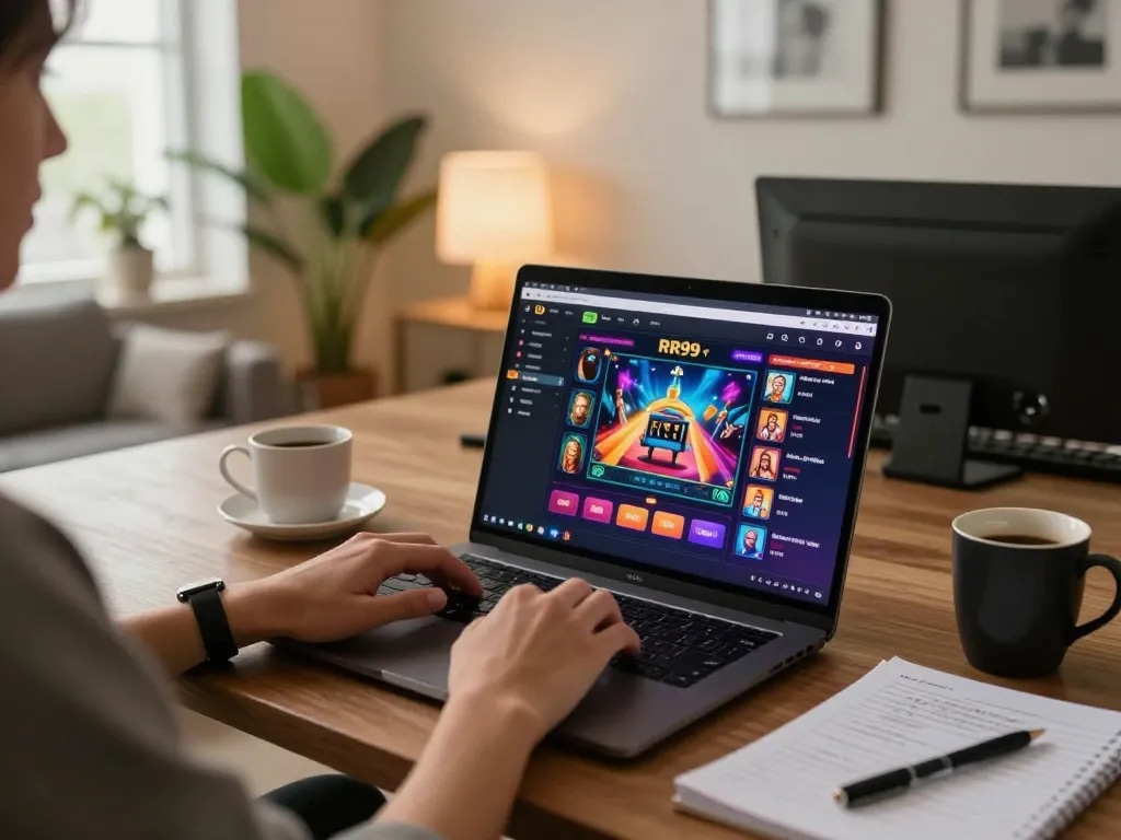 Ledaonline user engaging in live casino gaming with a laptop in a cozy environment