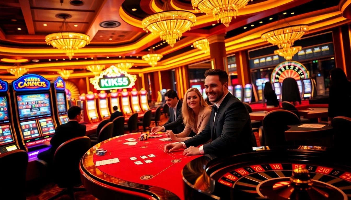Players enjoying thrilling casino games at KK55, with vibrant slots and elegant tables.