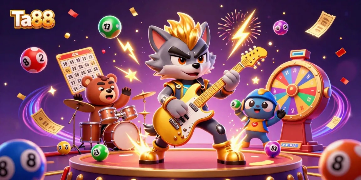 Experience thrilling wins at Ta88 with vibrant lottery elements and a dynamic casino scene featuring energetic characters.