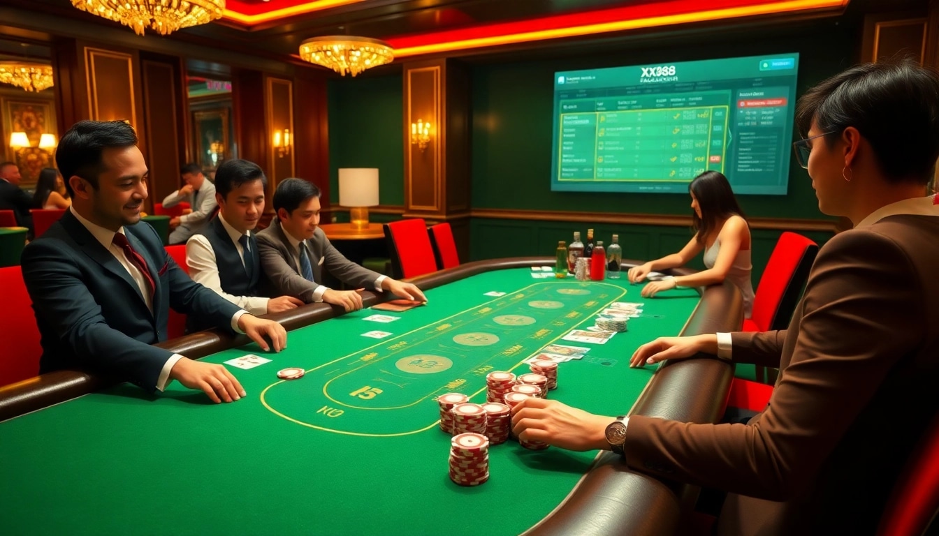 Engaged players at a baccarat table in a luxurious casino atmosphere representing XX88's exciting gambling experience.