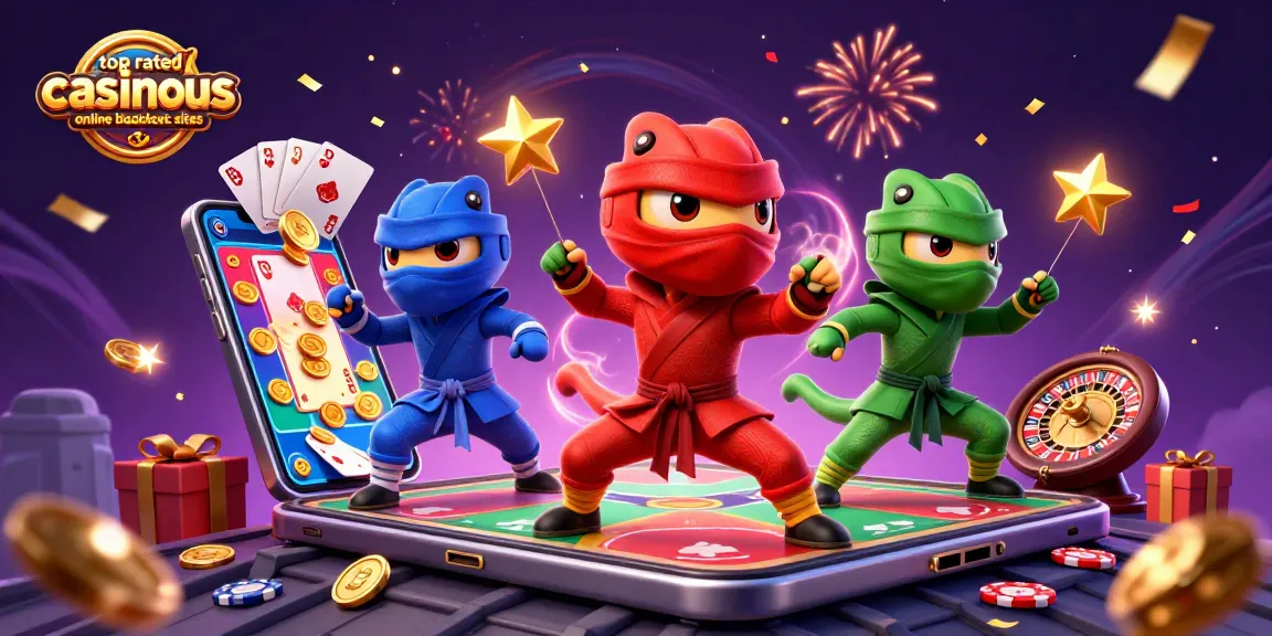 Enjoy top rated casinous online blackjack sites with this vibrant 3D illustration of ninja chameleons.