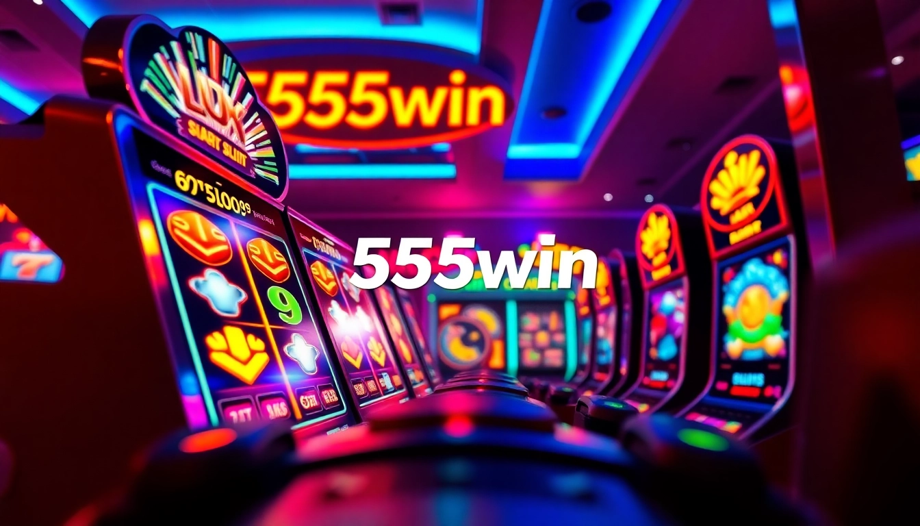 Experience the thrill of 555win with vibrant slot machines in a modern gaming lounge.