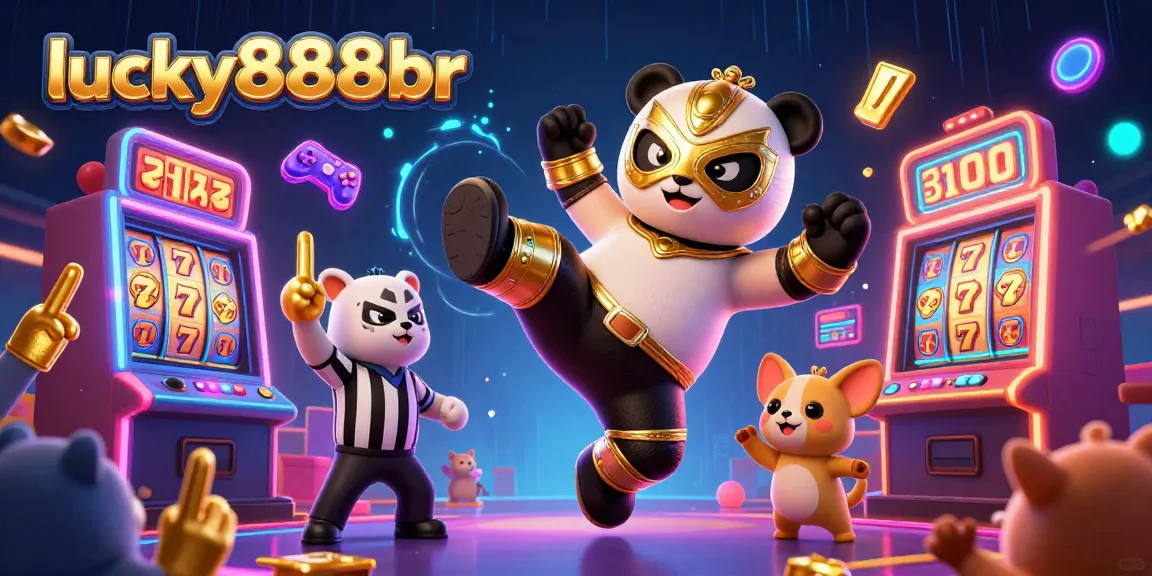 Experience the vibrant gaming action at lucky888br with a lively wrestling panda and cheering animals amid glowing casino elements.