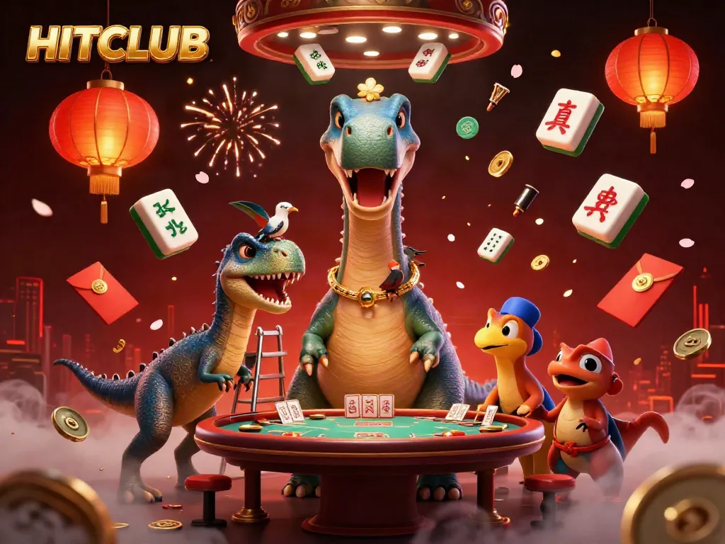 Experience excitement at HITCLUB with a whimsical 3D casino scene featuring a towering brontosaurus and clever raptor.