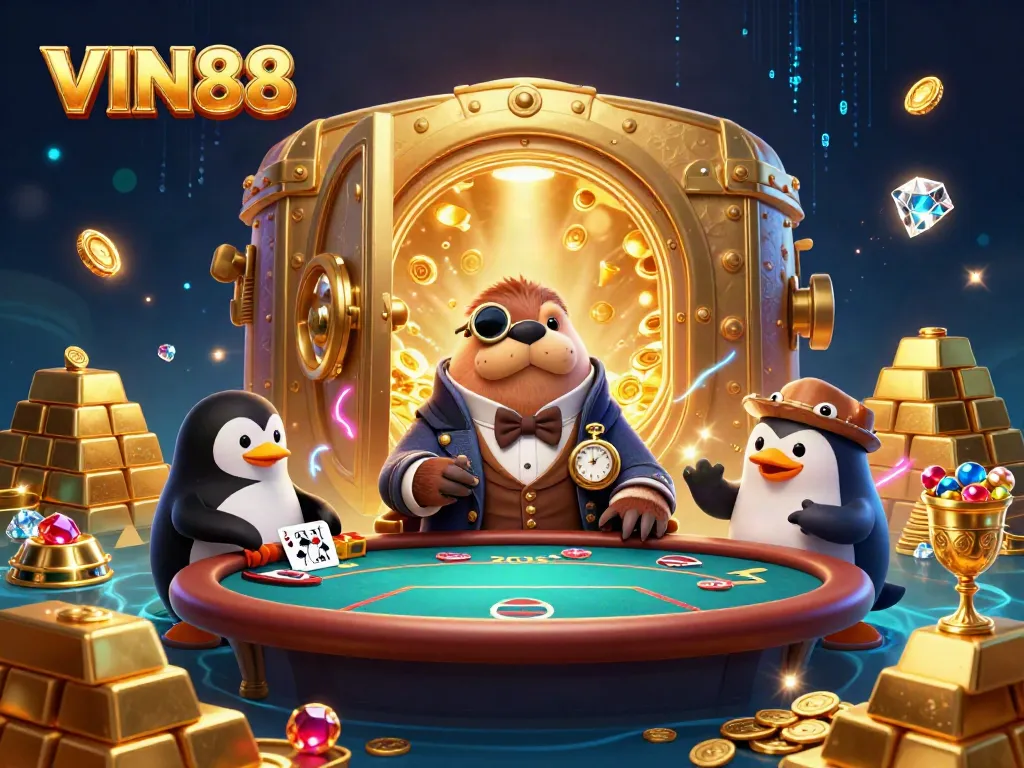 Engage with VIN88 at a lively underwater poker game with a walrus, penguin dealer, and pufferfish.