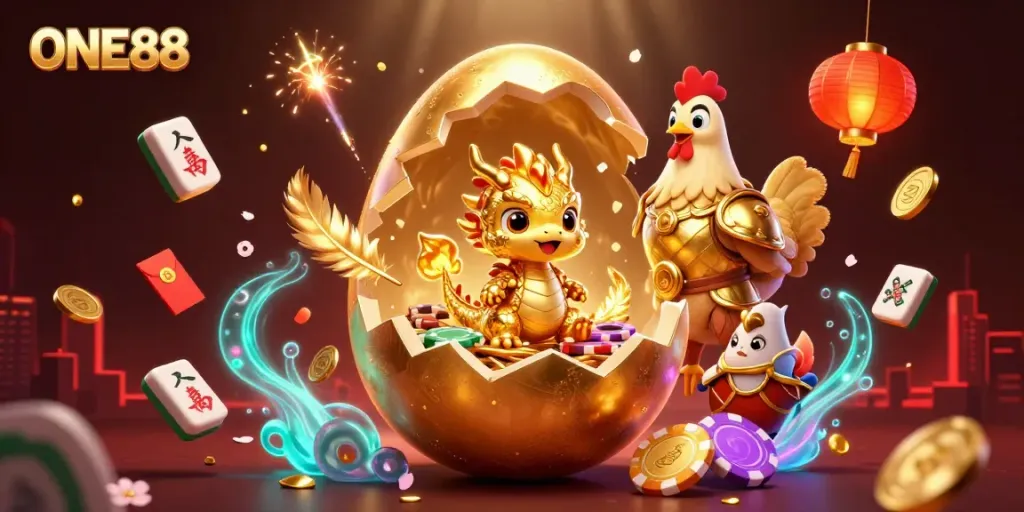 Experience the thrill of ONE88 with a golden baby dragon amidst poker chips and festive decorations.