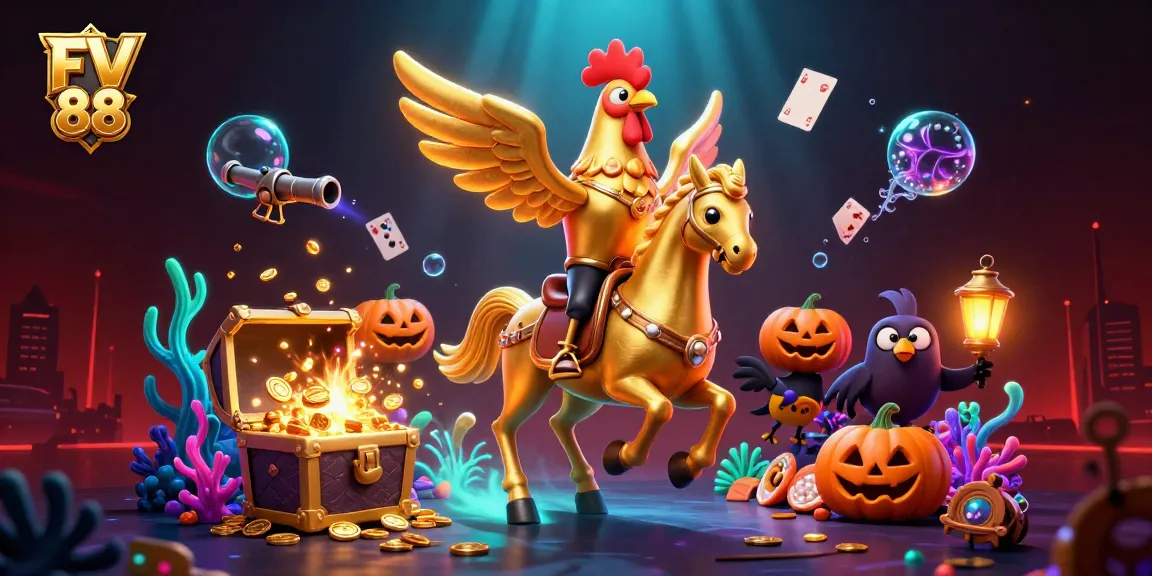 Spin vibrant reels at FV 88 with golden rooster and spectral horse under dazzling lights.