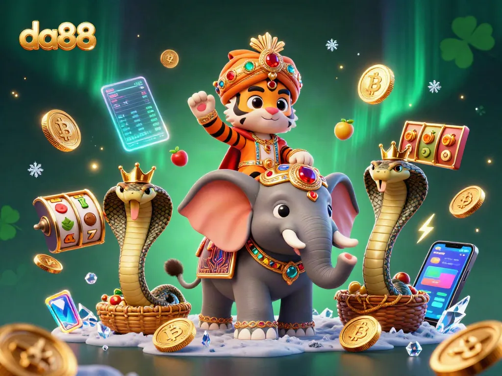 Engage with da88's vibrant casino world featuring an ornate maharaja and crypto art elements.