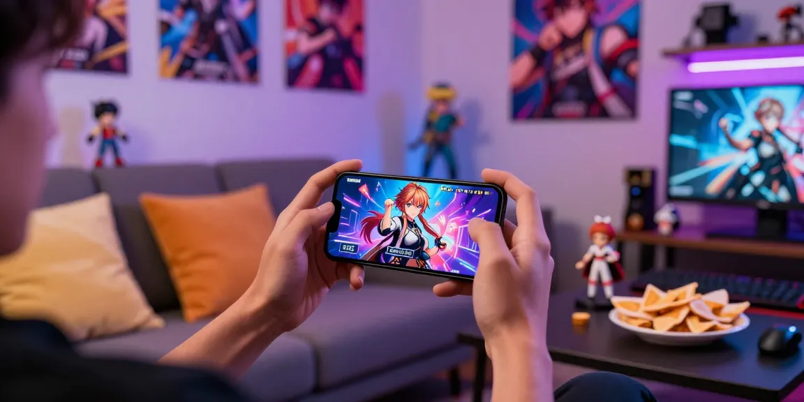 Exciting gamer enjoying a mobile hentai game on a cozy couch with vibrant atmosphere.