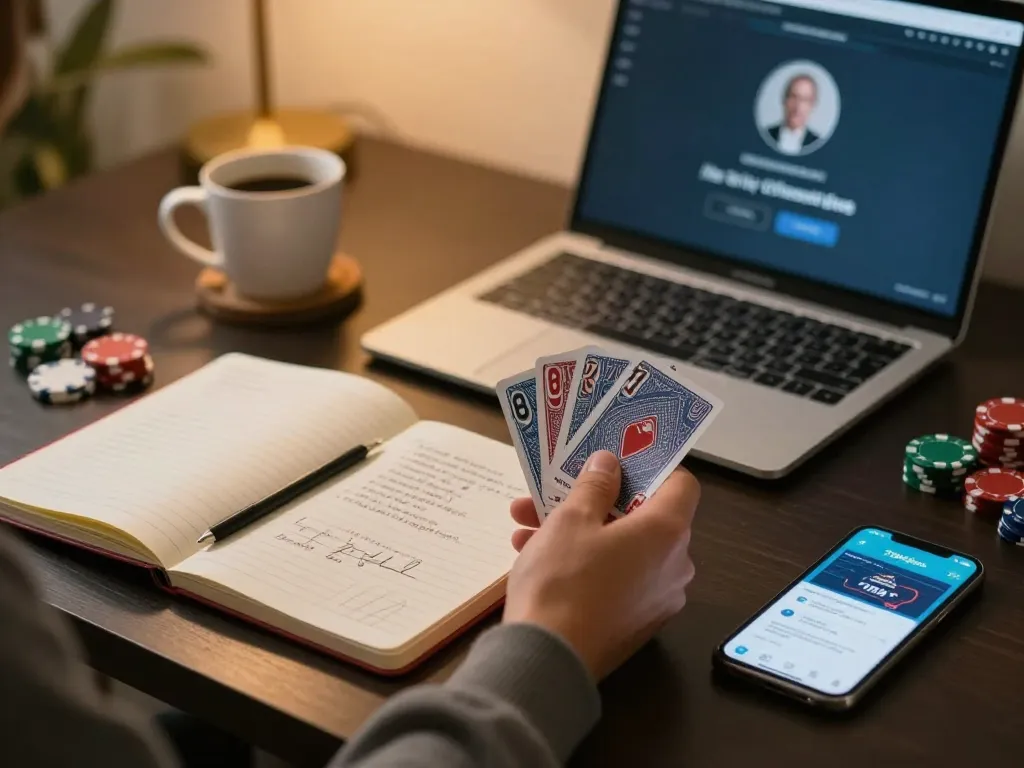 Player engaging in online gambling with 789betss while analyzing poker strategy at home