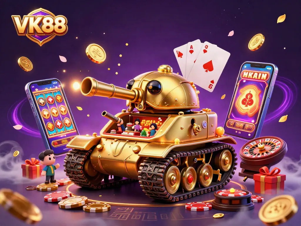 Engage with the VK88 gaming experience featuring a mini casino in a golden beetle tank bursting with excitement.