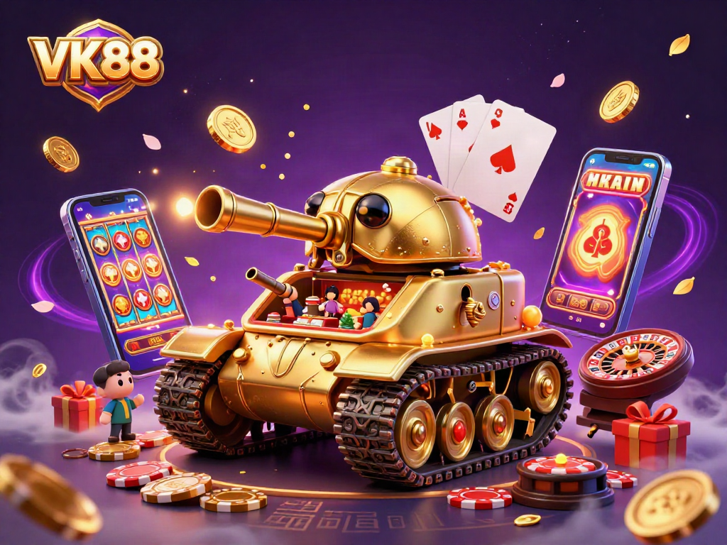 Engage with the VK88 gaming experience featuring a mini casino in a golden beetle tank bursting with excitement.