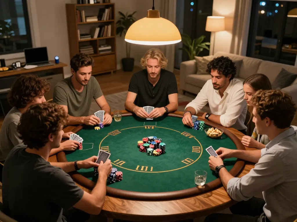 F8BET game night at home featuring friends playing poker with strategic excitement