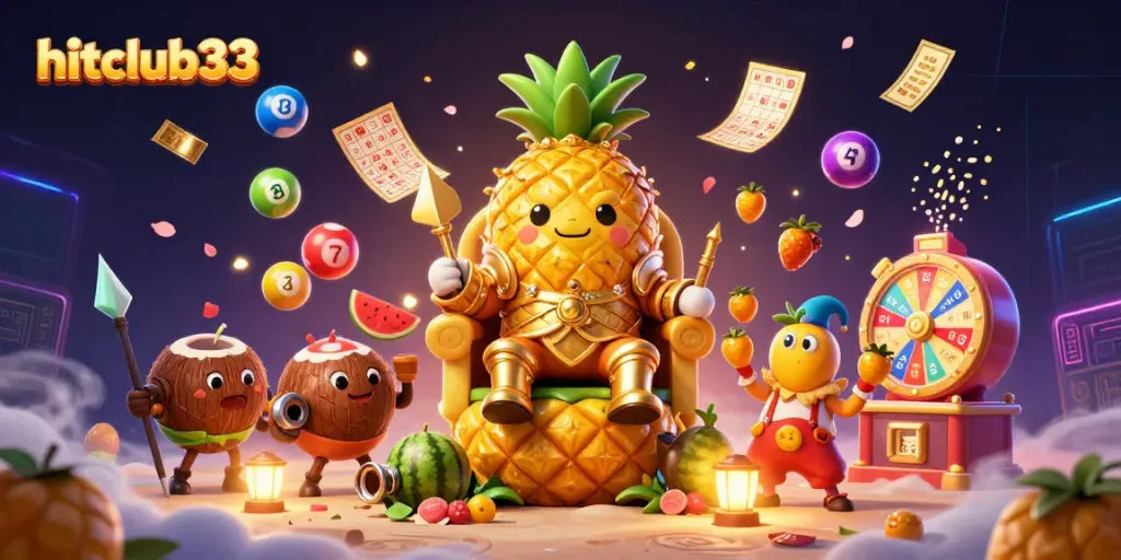 The vibrant world of hitclub33 showcases a golden pineapple king, colorful lottery elements, and dynamic gaming excitement.