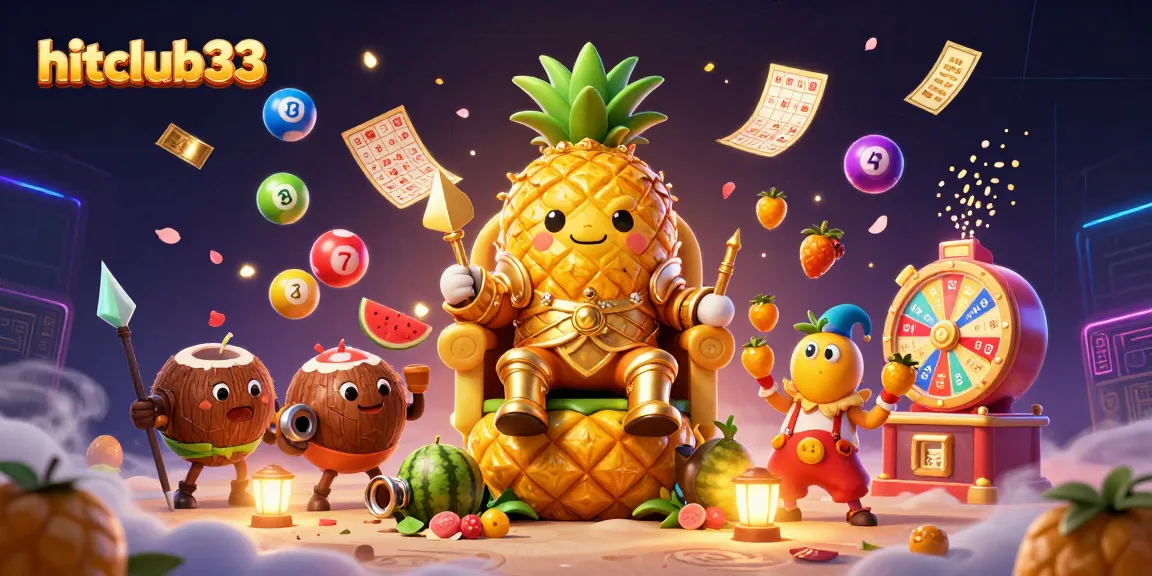 The vibrant world of hitclub33 showcases a golden pineapple king, colorful lottery elements, and dynamic gaming excitement.