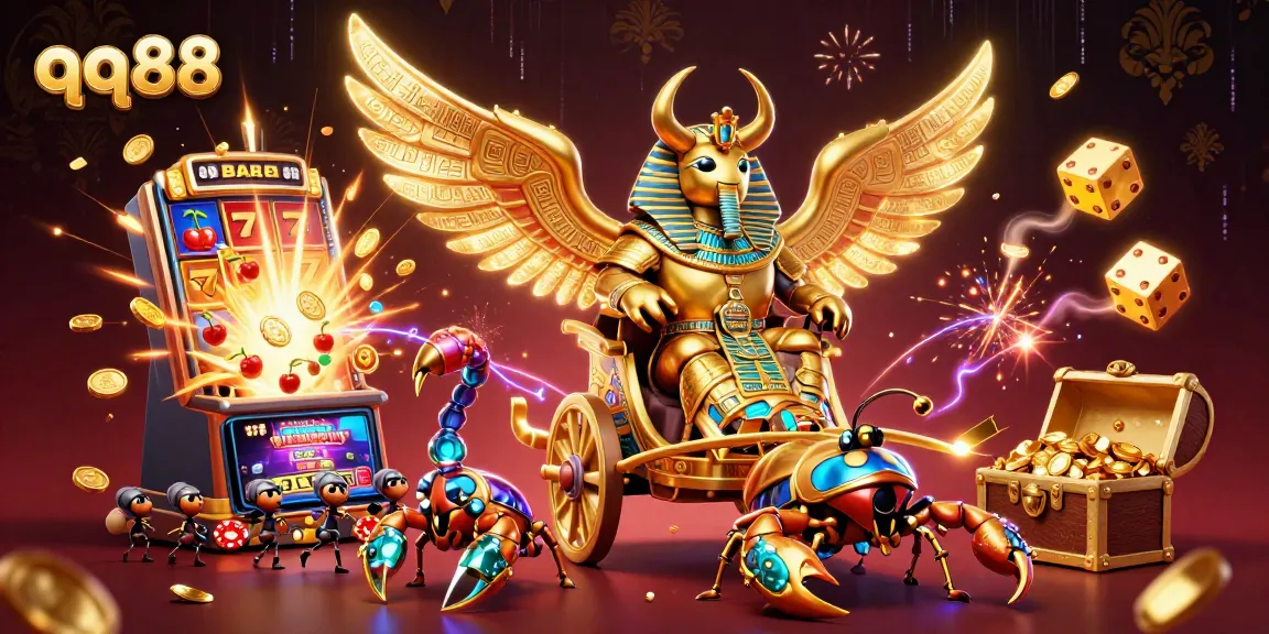 Engage with qq88 in this vibrant casino scene featuring gold, jackpots, and animated characters.