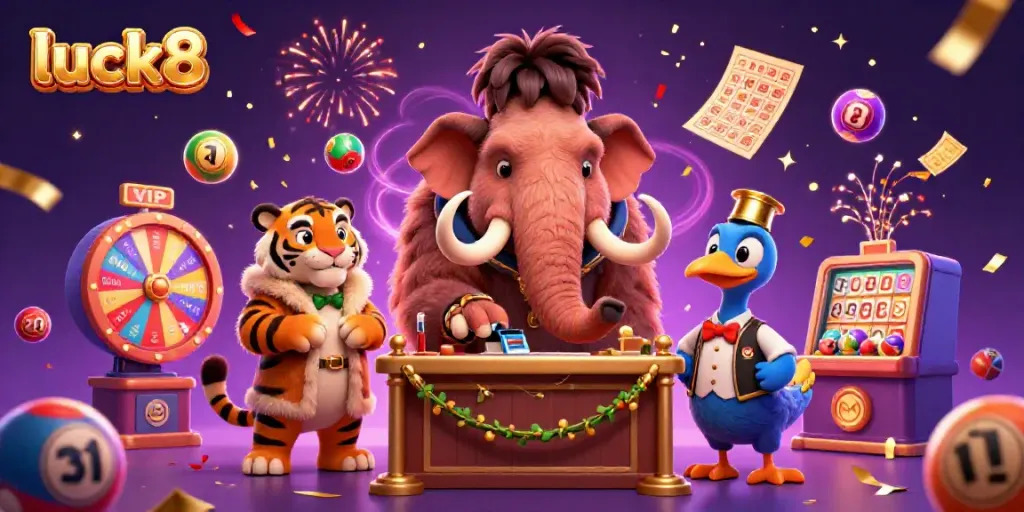Experience the vibrant energy of luck8 with a lively casino scene featuring animated characters and festive elements.