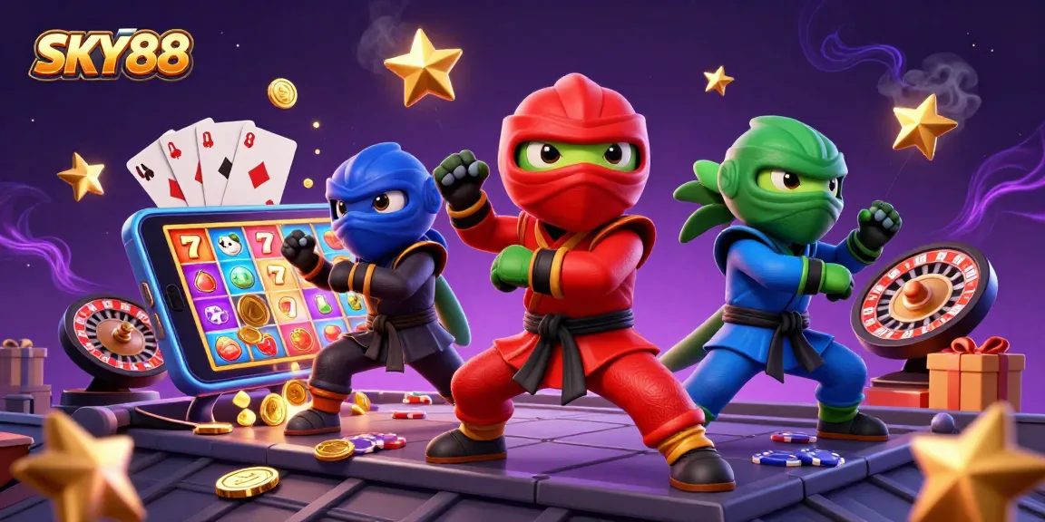 Engage with SKY88's thrilling gaming experience, featuring ninja chameleons in action alongside vibrant casino elements.