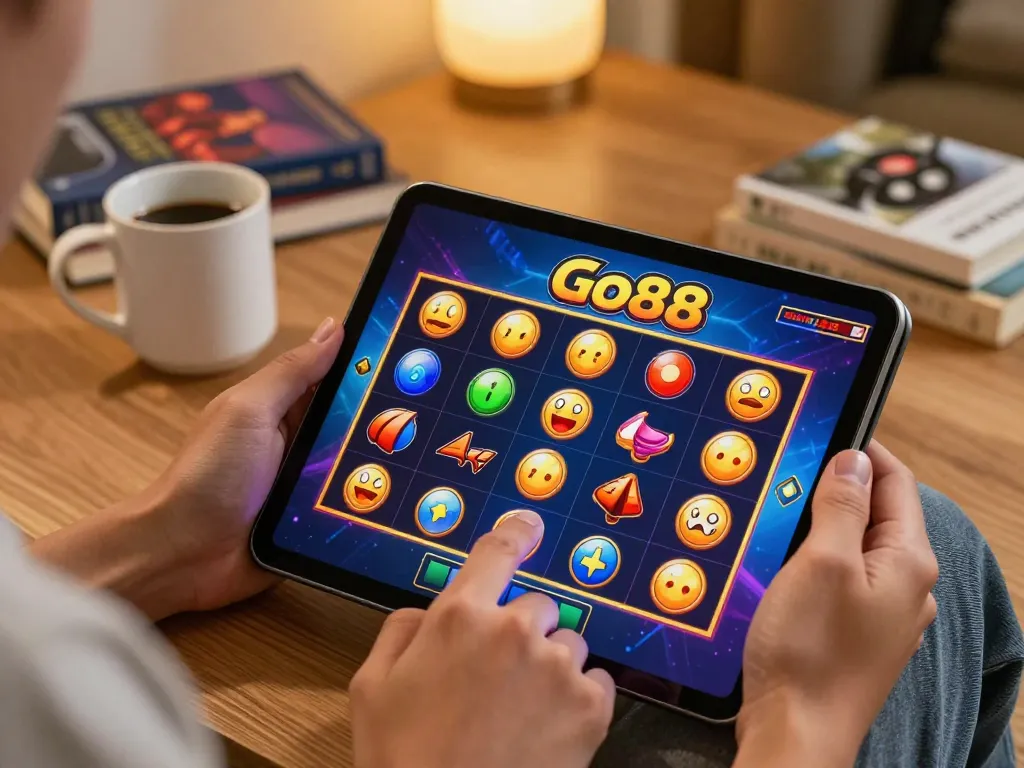 Enjoying Go88 slot games on a tablet at home, showcasing fun online gambling experience