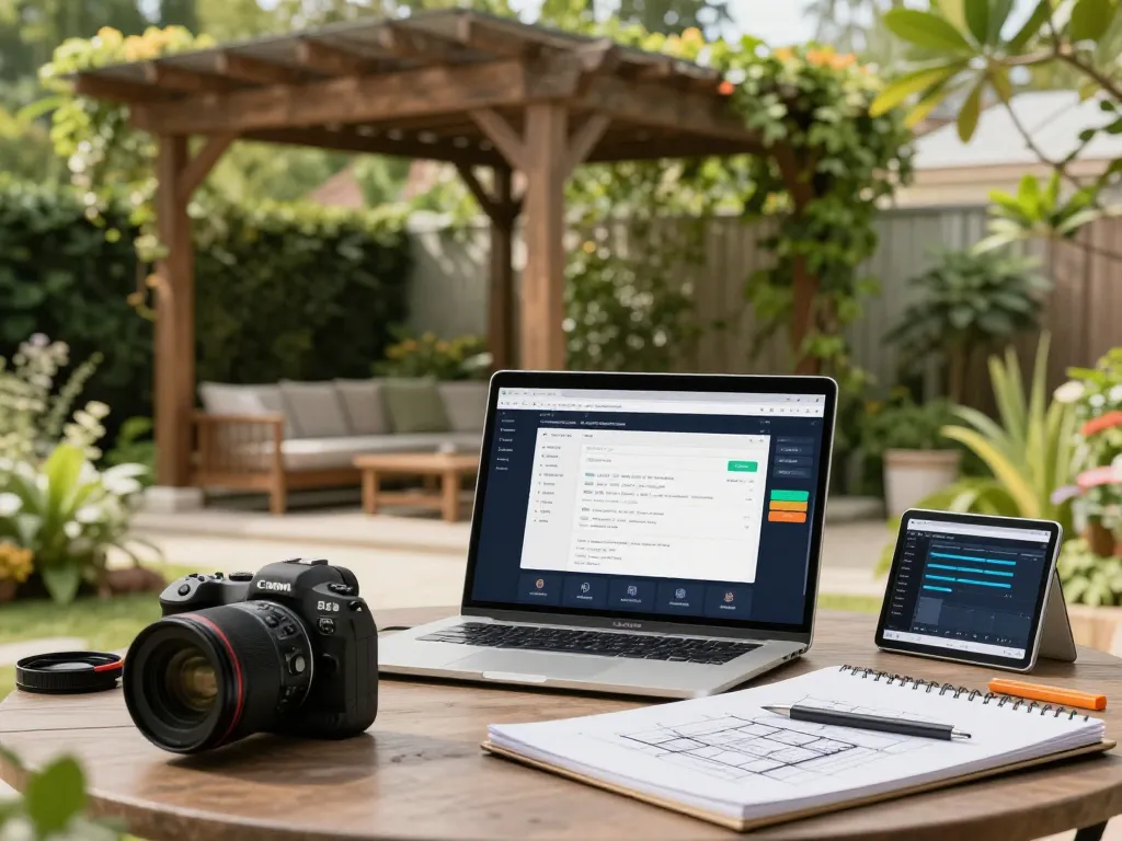 gestione contenuti pergole (CMS) in uno spazio di lavoro all'aperto sereno con una pergola e un laptop